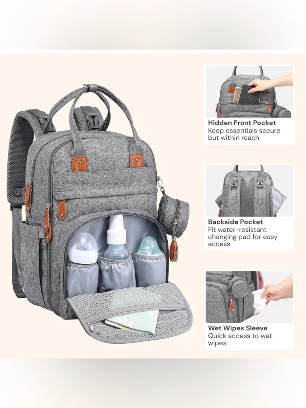 NWT - BabbleRoo - Gray Quilted Baby Diaper Backpack with Tan Accent Trim